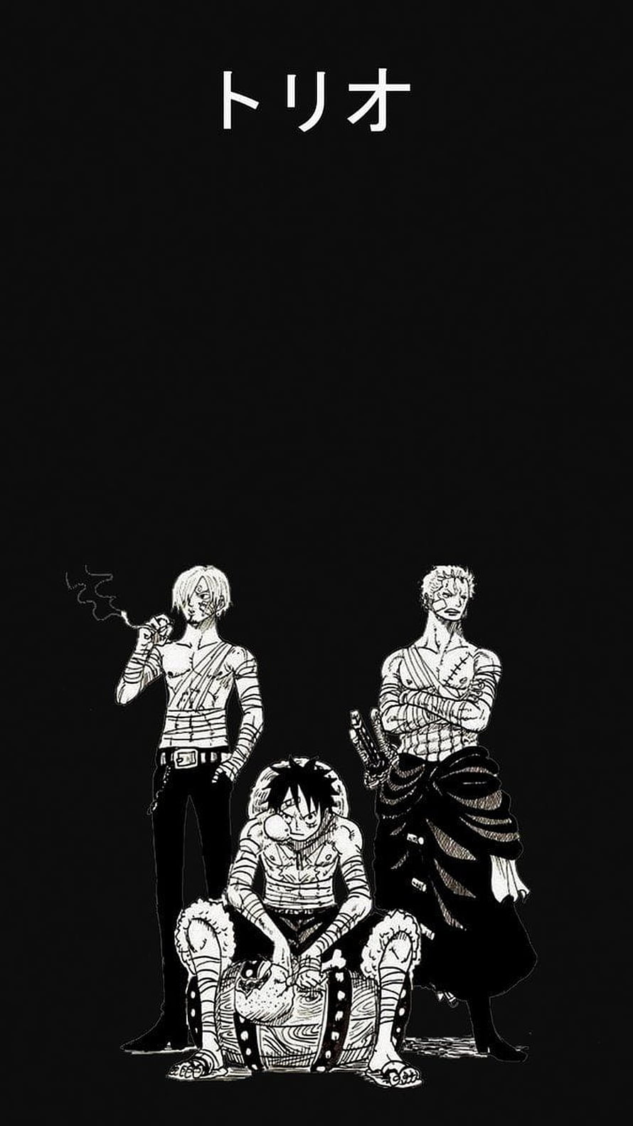 One Piece Trio Manga Illustration: Luffy, Sanji, and Zoro in Black and White HD phone wallpaper