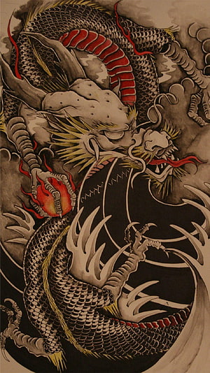 Traditional Japanese Irezumi Dragon Tattoo Design with Red Accents and Scaled Serpent HD phone wallpaper