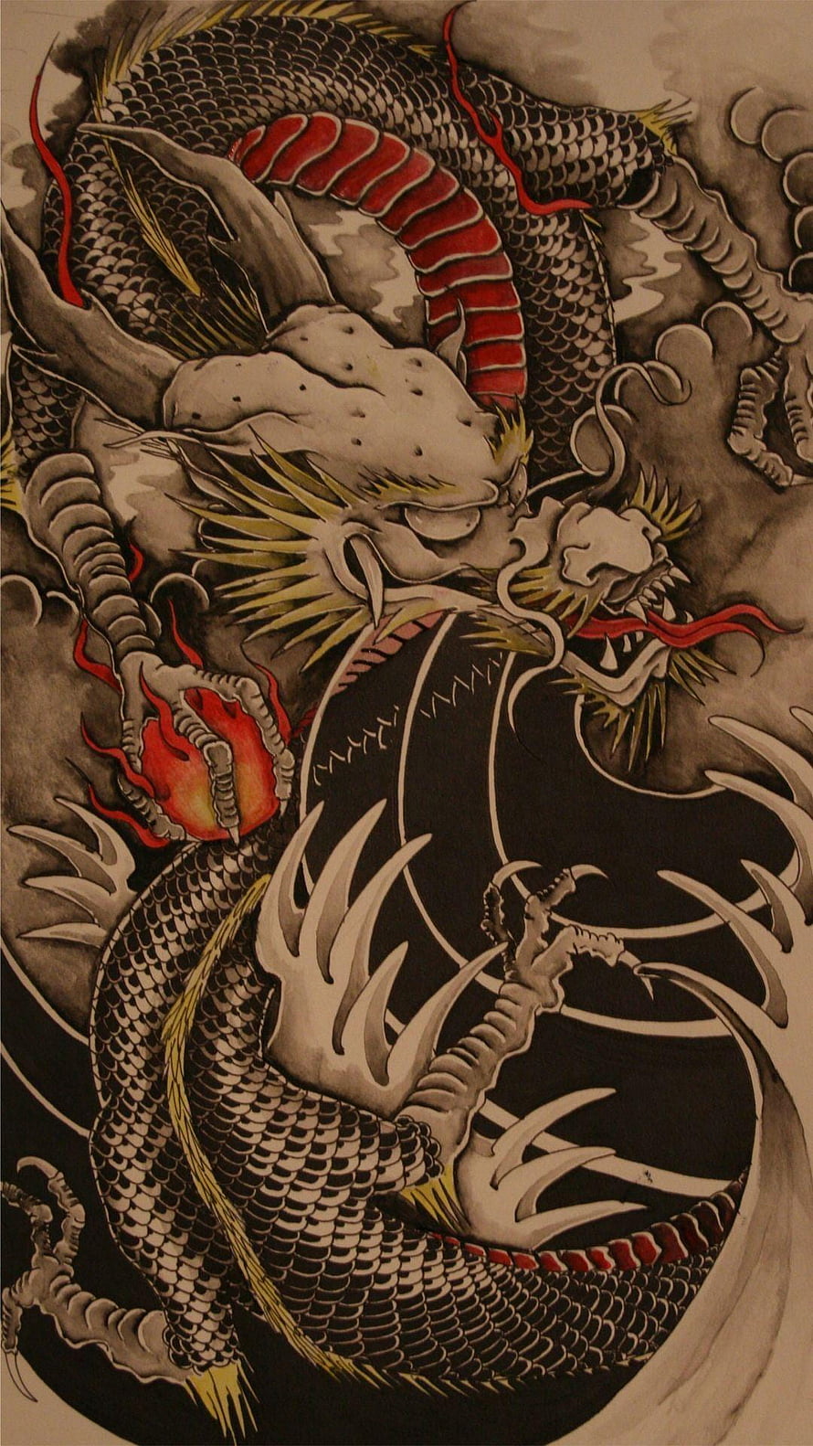 Traditional Japanese Irezumi Dragon Tattoo Design with Red Accents and Scaled Serpent HD phone wallpaper