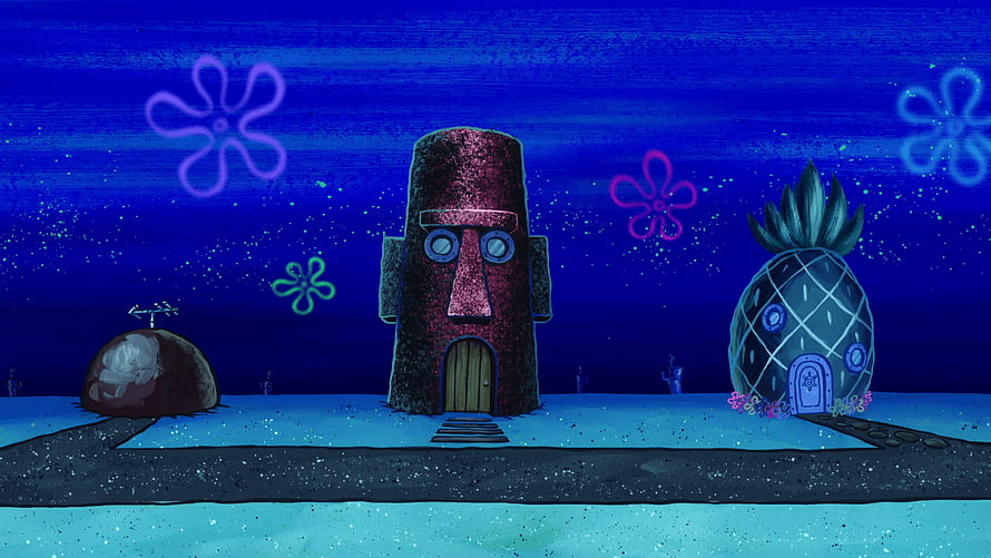 SpongeBob SquarePants Bikini Bottom Night Scene with Pineapple and Rock Houses HD wallpaper