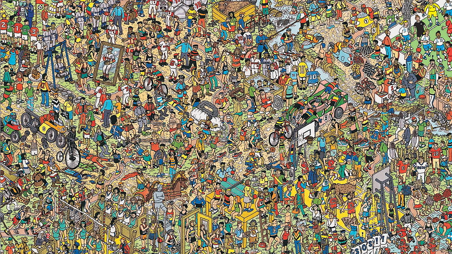 Where's Wally Crowd Illustration Featuring Hundreds of Characters in a Chaotic Sports Scene HD wallpaper