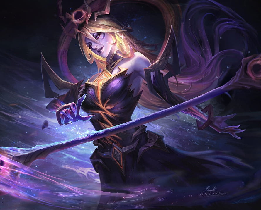 Dark Cosmic Lux from League of Legends Wielding a Glowing Staff in a Purple Fantasy Setting HD wallpaper