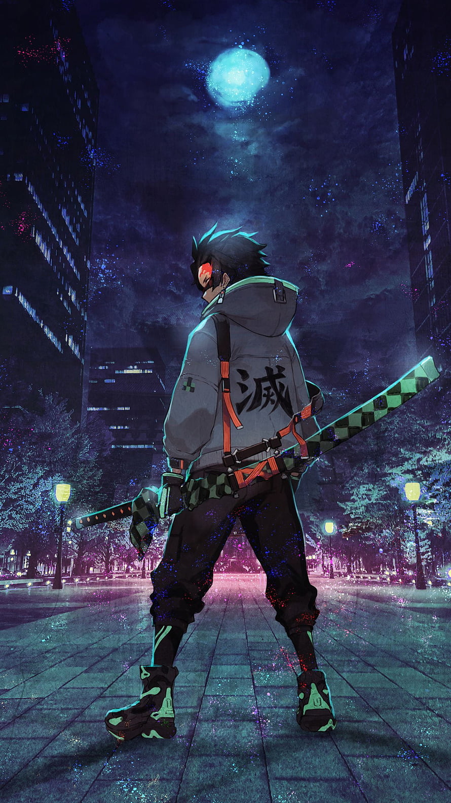 Neon-lit urban ninja anime character with katana under a glowing moon in a futuristic city street HD phone wallpaper