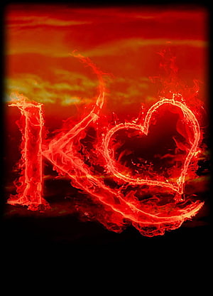 Flaming Letter K with Heart Design Against Fiery Red Sky HD phone wallpaper