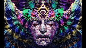 Psytrance Artwork: Ornate Geometric Face with Neon Colors and Sacred Geometry Patterns HD wallpaper