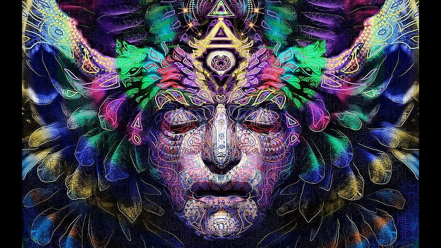 Psytrance Artwork: Ornate Geometric Face with Neon Colors and Sacred Geometry Patterns HD wallpaper