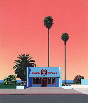 Hiroshi Nagai Retro Record Store Illustration with Palm Trees and Pink Sky HD phone wallpaper