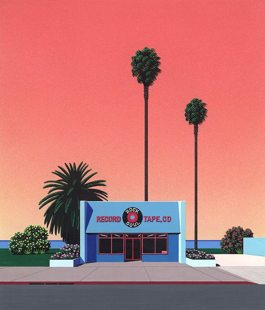 Hiroshi Nagai Retro Record Store Illustration with Palm Trees and Pink Sky HD phone wallpaper