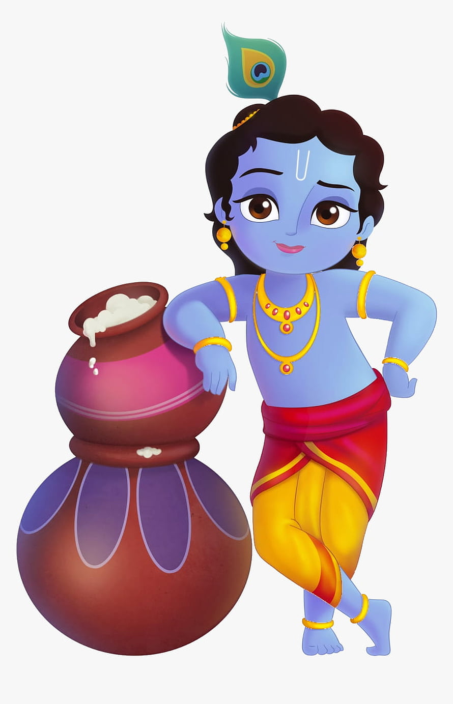 Cute Cartoon Krishna Leaning on a Milk Pot with Peacock Feather Crown HD phone wallpaper