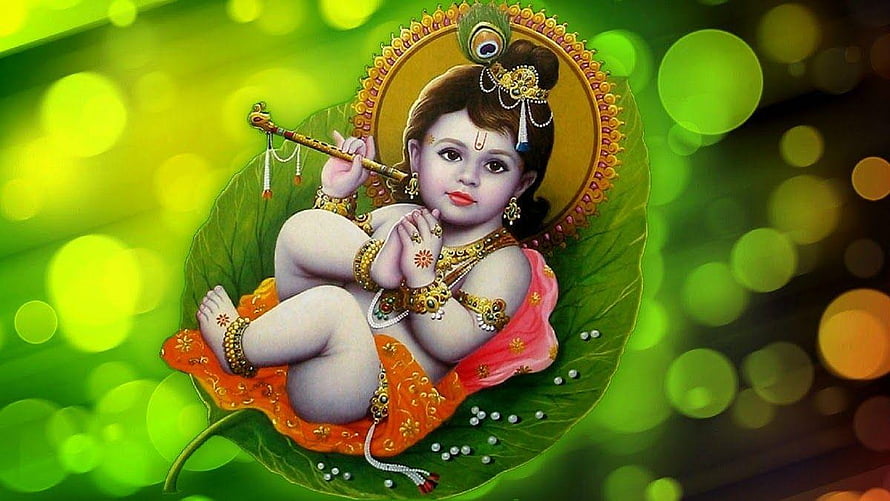 Baby Krishna Playing Flute on Lotus Leaf with Green Bokeh Background HD wallpaper