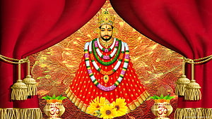 Khatu Shyam Ji Devotional Portrait in Red Attire with Floral Garland and Om Symbols HD wallpaper