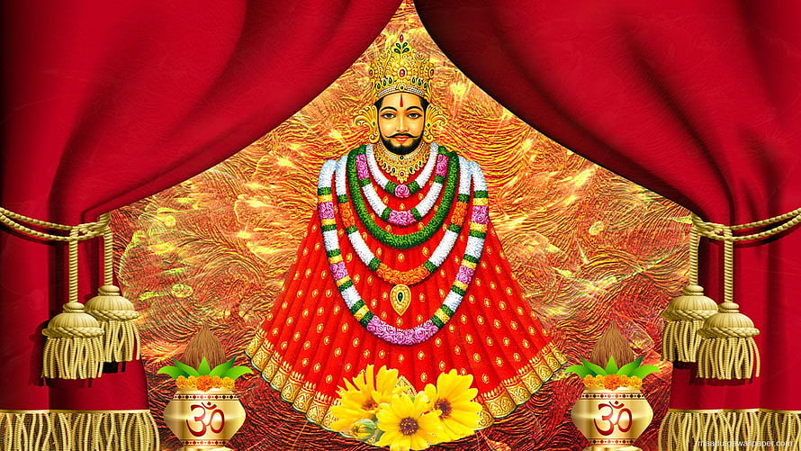 Khatu Shyam Ji Devotional Portrait in Red Attire with Floral Garland and Om Symbols HD wallpaper