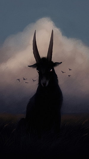 Mystical Black Goat with Glowing Red Eyes in Dark Misty Landscape HD phone wallpaper
