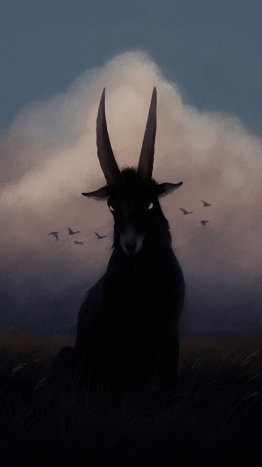 Mystical Black Goat with Glowing Red Eyes in Dark Misty Landscape HD phone wallpaper