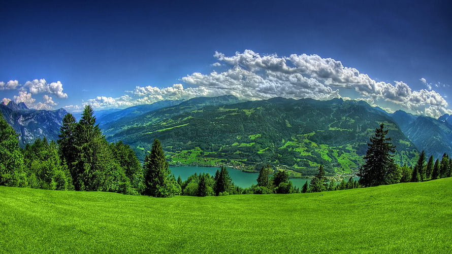 Vibrant Alpine Meadow with Turquoise Lake and Mountain Range Under Dramatic Sky HD wallpaper