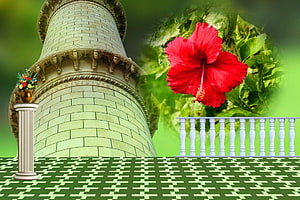 Digital collage featuring a leaning tower, red hibiscus flower, classical column, and white balustrade on a green patterned floor HD wallpaper