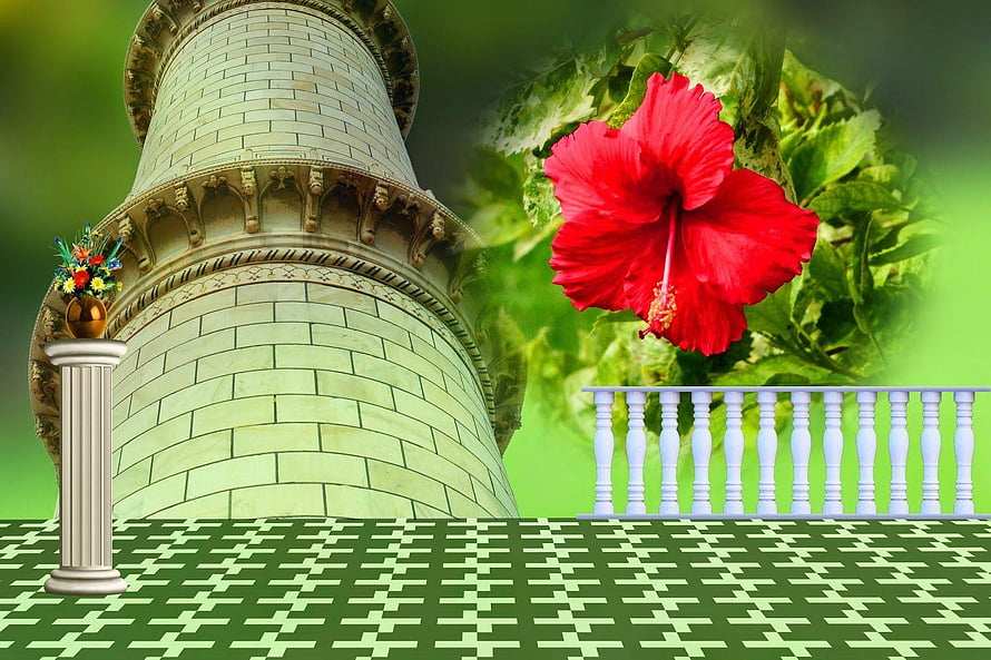 Digital collage featuring a leaning tower, red hibiscus flower, classical column, and white balustrade on a green patterned floor HD wallpaper