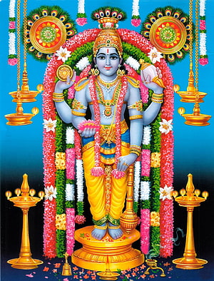 Guruvayurappan Krishna Devotee Artwork with Flower Garland and Oil Lamps HD phone wallpaper