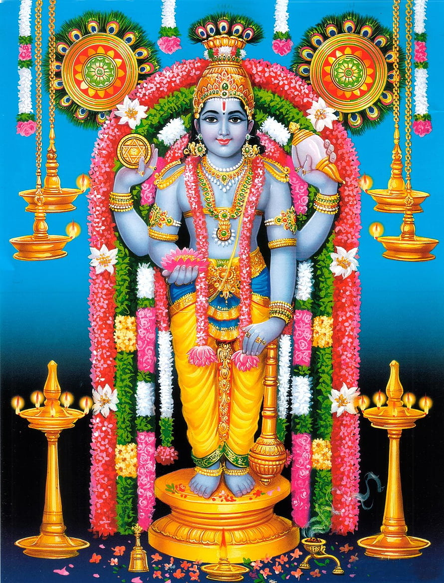 Guruvayurappan Krishna Devotee Artwork with Flower Garland and Oil Lamps HD phone wallpaper