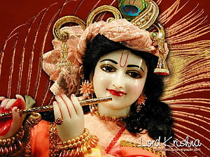 Lord Krishna Murti Playing Flute with Peacock Crown and Traditional Jewelry HD wallpaper