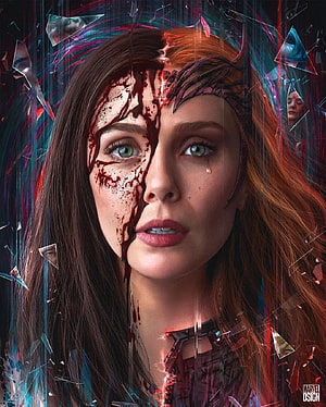 Scarlet Witch Portrait with Shattered Glass and Blood in Dark Fantasy Style HD phone wallpaper