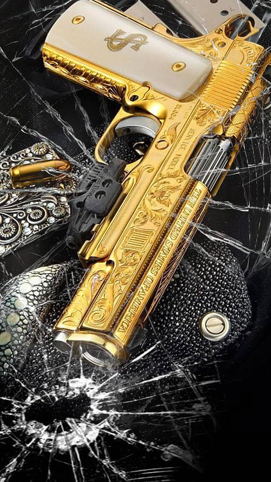 Luxury Gold 1911 Pistol with Intricate Engraving on Shattered Glass HD phone wallpaper