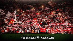 Liverpool FC Kopites Fans Chanting You'll Never Walk Alone at Anfield Stadium HD wallpaper