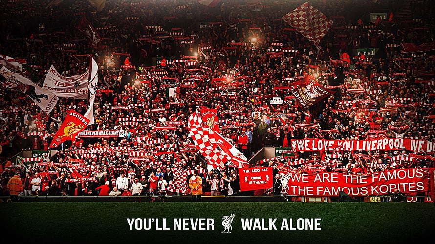Liverpool FC Kopites Fans Chanting You'll Never Walk Alone at Anfield Stadium HD wallpaper