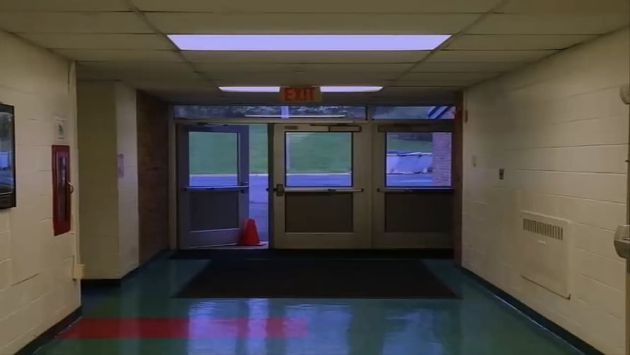 Empty School Hallway with Exit Doors and Liminal Space Aesthetic HD wallpaper