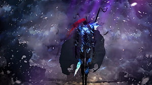 Igris from Solo Leveling in Dark Fantasy Armor with Glowing Blue Energy and Red Hair HD wallpaper