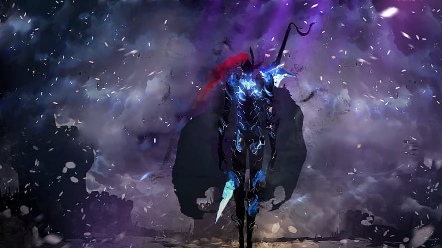 Igris from Solo Leveling in Dark Fantasy Armor with Glowing Blue Energy and Red Hair HD wallpaper