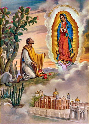 Our Lady of Guadalupe appearing to Juan Diego with the Basilica of Guadalupe below HD phone wallpaper