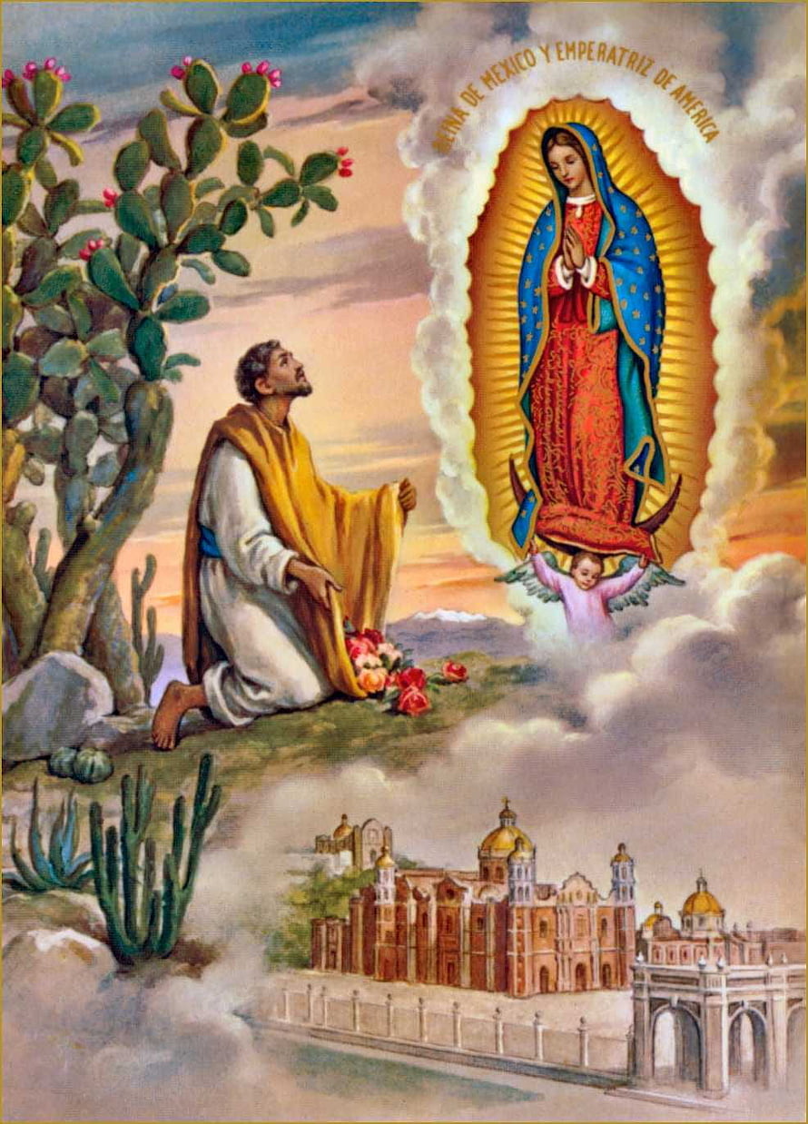 Our Lady of Guadalupe appearing to Juan Diego with the Basilica of Guadalupe below HD phone wallpaper
