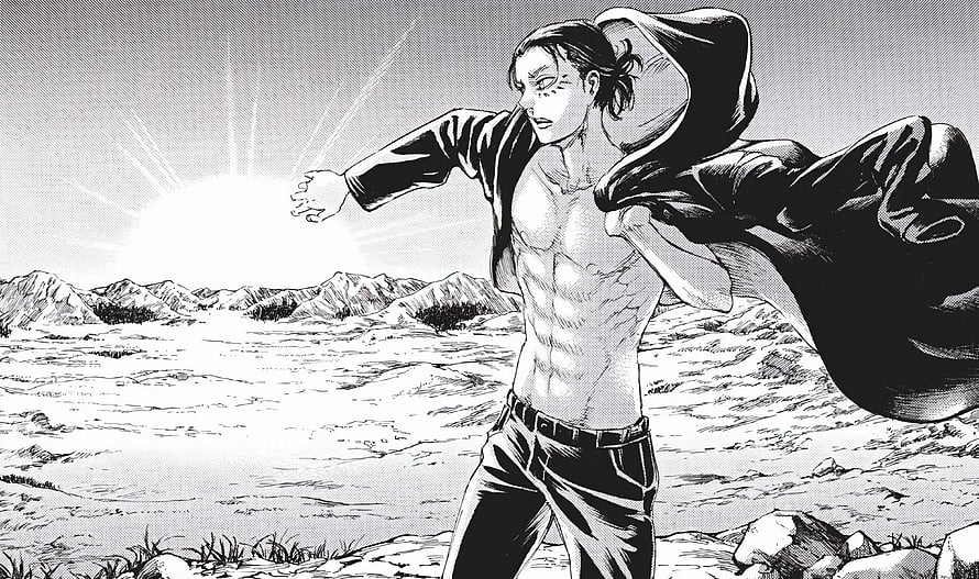 Eren Yeager in Black and White Manga Panel Reaching Toward the Sun in a Barren Landscape HD wallpaper