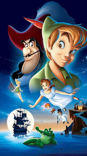 Peter Pan and Captain Hook Adventure with Tinker Bell and Wendy in Classic Disney Animation HD phone wallpaper