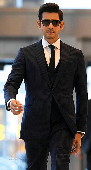 Mahesh Babu in a dark pinstripe three-piece suit with sunglasses and black tie HD phone wallpaper