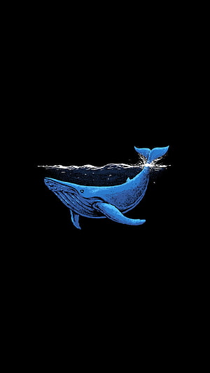 Minimalist Blue Whale Illustration Breaking Through Water Surface on Black Background HD phone wallpaper