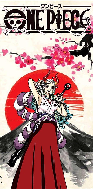 One Piece Yamato Anime Character Art with Cherry Blossoms and Red Sun HD phone wallpaper
