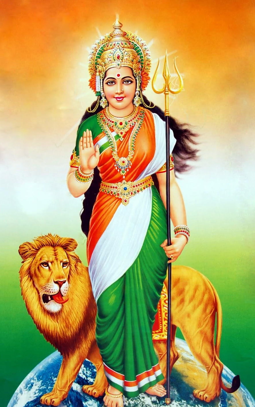 Bharat Mata Divine Illustration in Indian Flag Saree with Lion and Trishul HD phone wallpaper