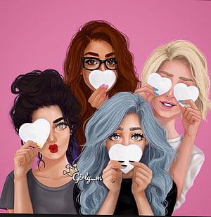 Four Best Friends Holding Heart Cutouts Digital Illustration HD phone wallpaper