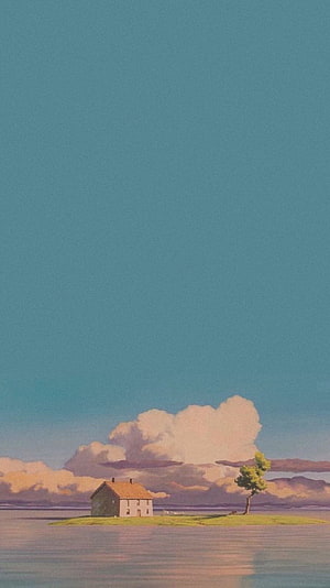 Studio Ghibli Style Illustration of a Solitary Cottage on a Small Island in Calm Water HD phone wallpaper