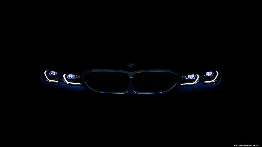 BMW 330i M Sport Front Grille and Headlights Illuminated in Darkness HD wallpaper