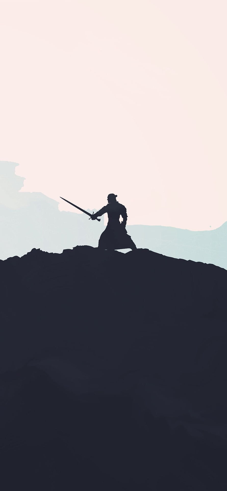 Silhouette of a lone warrior holding a sword on a hilltop against a pale sky HD phone wallpaper
