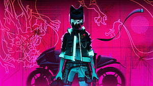 Cyberpunk 2077 Cat-Eared Biker in Neon Pink Cityscape with Futuristic Motorcycle HD wallpaper