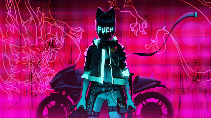 Cyberpunk 2077 Cat-Eared Biker in Neon Pink Cityscape with Futuristic Motorcycle HD wallpaper