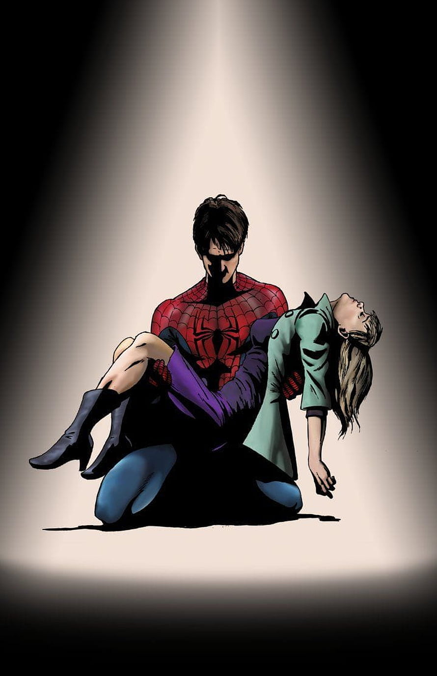Spider-Man Cradling Unconscious Gwen Stacy in Dramatic Spotlight Comic Art HD phone wallpaper