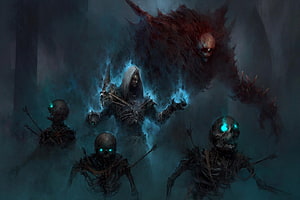 Diablo 4 Necromancer Summoning Skeletons and a Bone Beast in Dark Fantasy Art HD wallpaper
