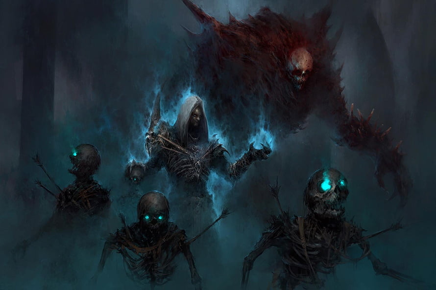Diablo 4 Necromancer Summoning Skeletons and a Bone Beast in Dark Fantasy Art HD wallpaper