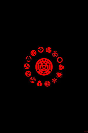 Naruto Sharingan and Mangekyo Sharingan Symbols Arranged in a Red Circular Pattern on Black Background HD phone wallpaper