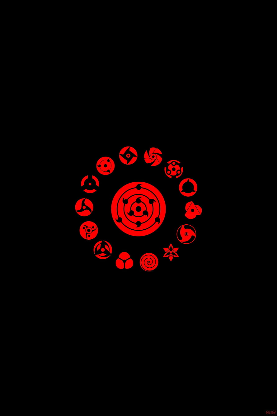 Naruto Sharingan and Mangekyo Sharingan Symbols Arranged in a Red Circular Pattern on Black Background HD phone wallpaper